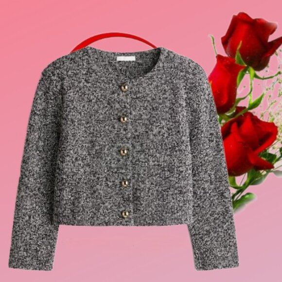 H&M Collarless Gold Buttons Long Sleeve Gray Short Blazer NEW with Tag Size M - Picture 3 of 6